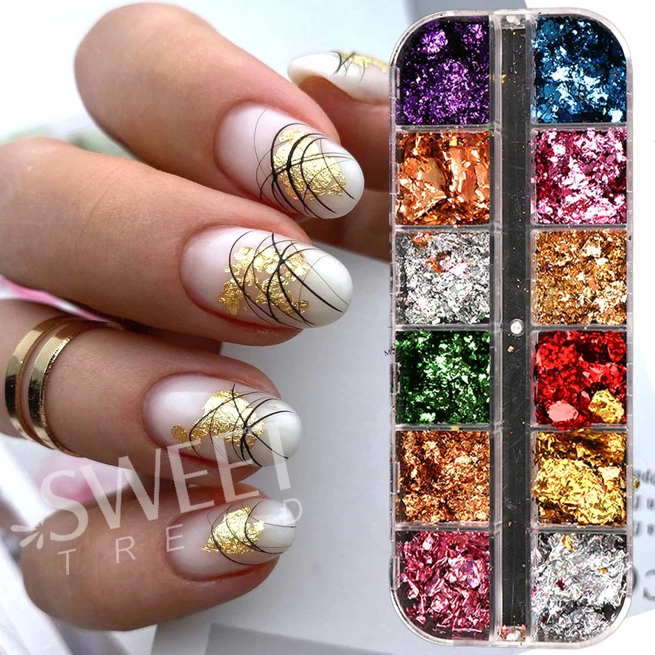 12Grids Holographic Gold Foils Nail Flakes Splendor Leaf Craft Irregular