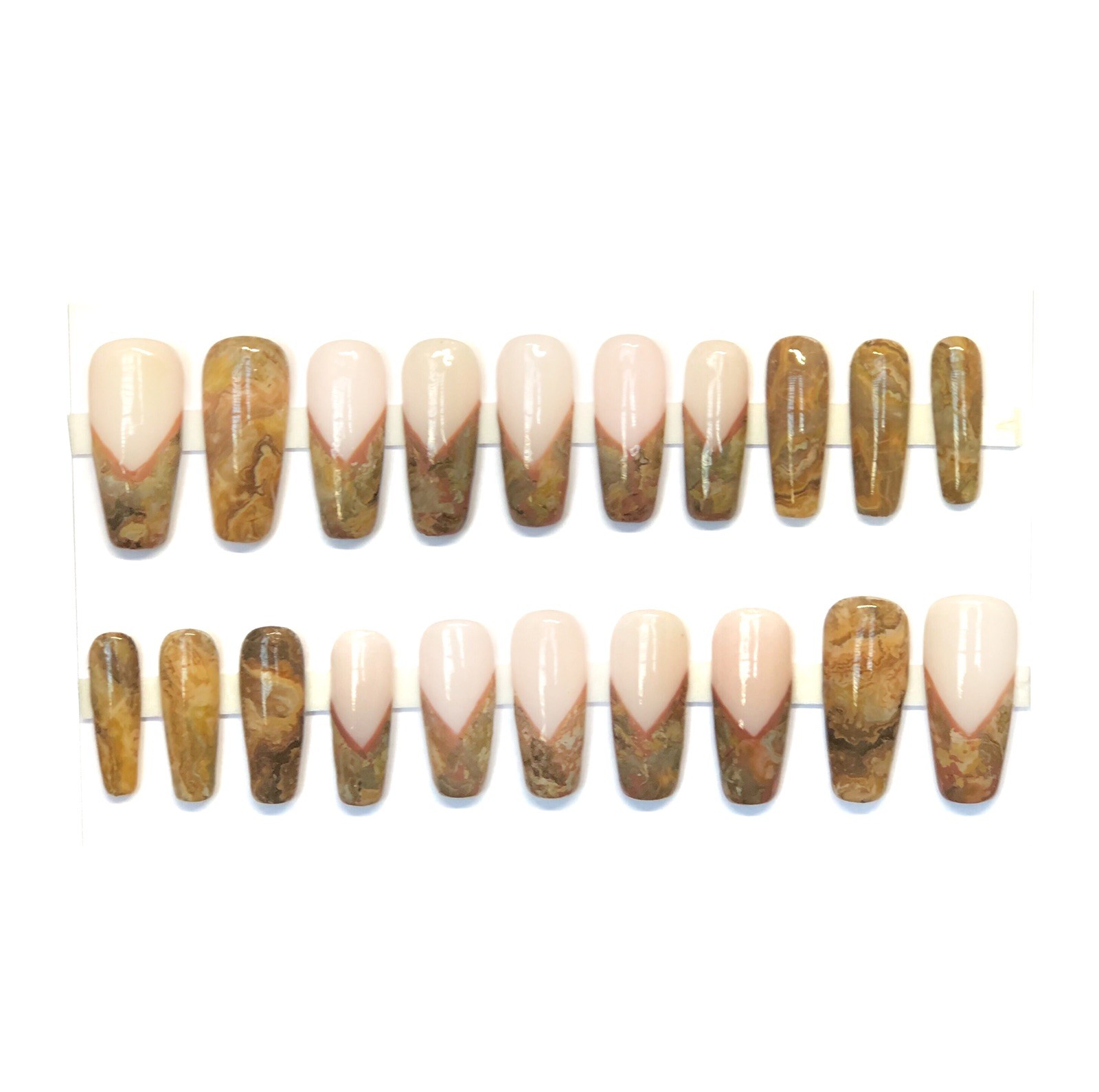 Custom Handmade Press On Nails Long Coffin Milky White Brown French Marble Nails