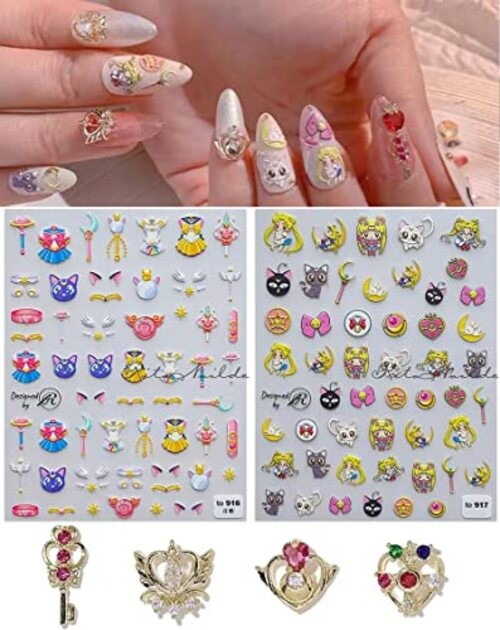 New Cartoon Anime Princess Moon Hare Nail Sticker Decals 5D Embossed Anime Moon