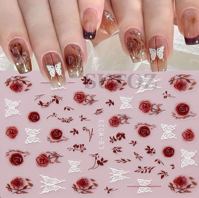 5D Embossed Nail Art Stickers Transfers Rose Flower Leaf Butterfly LBW23 NS52