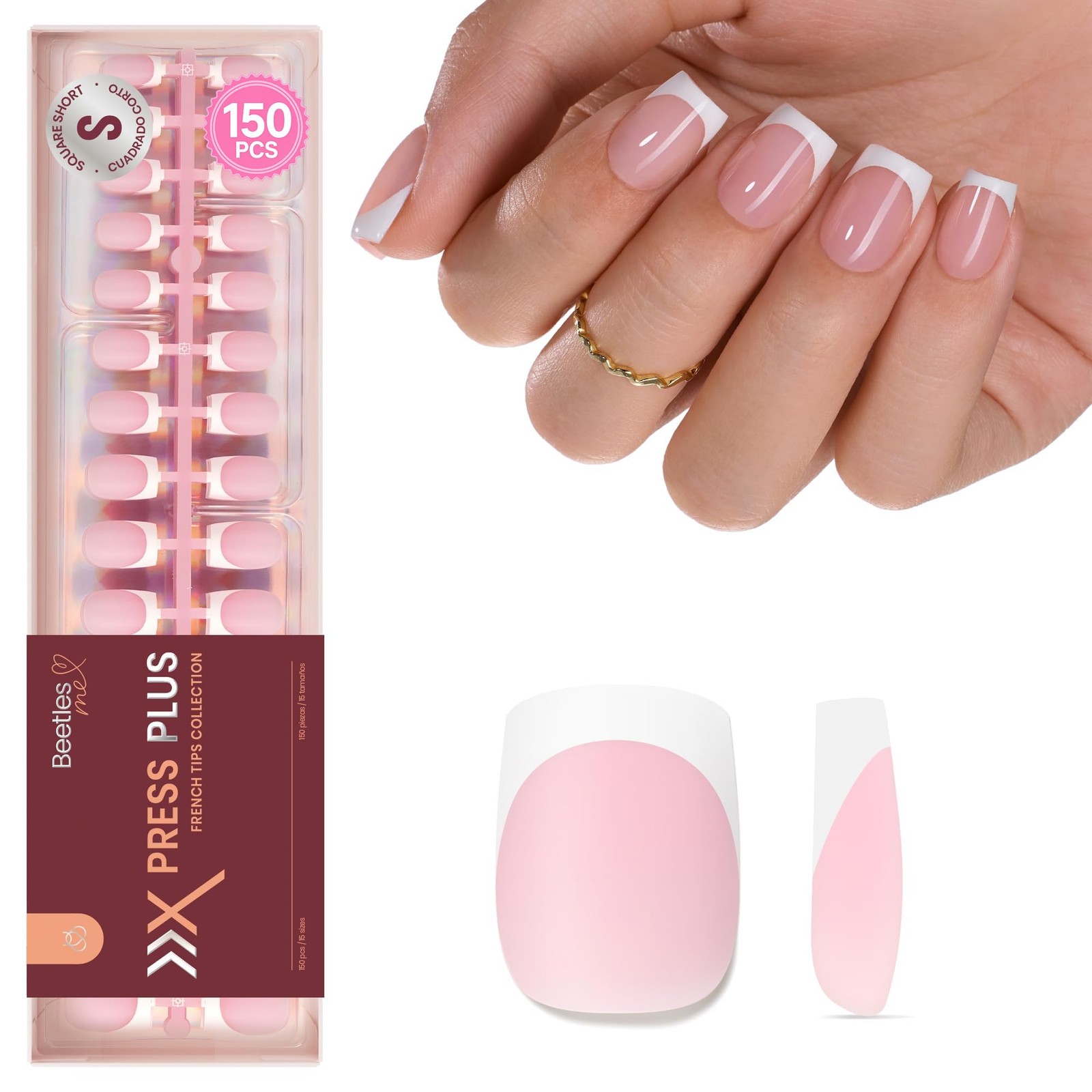 Beetles French 15 Sizes, 0 – Press On Nails Only | Short Square | Pink