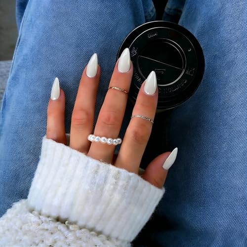 Chrome Press On Nails Short Almond, 30 Pcs Glazed Pearl White almond white