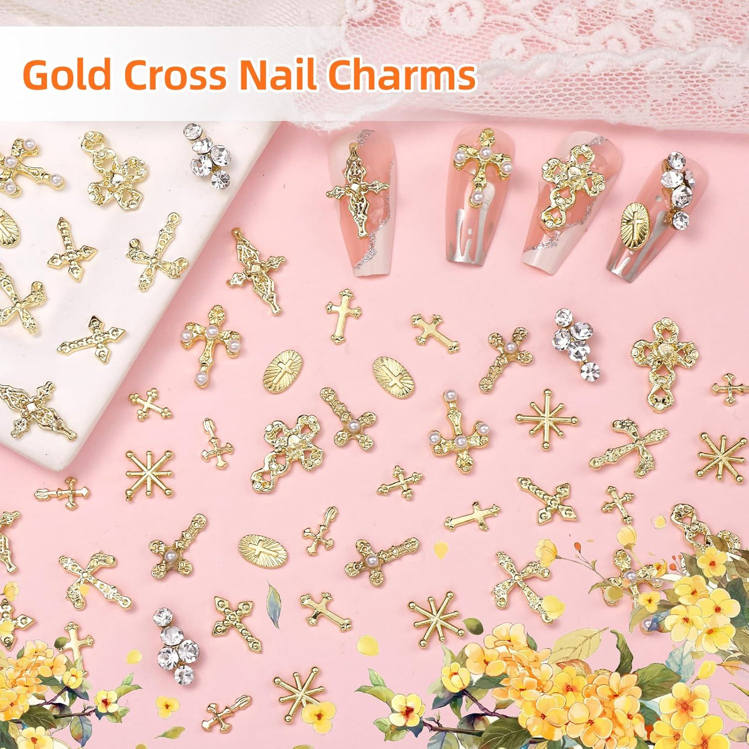 60 Pcs Gold Coss Nail Charms, 12 Styles 3D Cross Gold Nail Charms Crosses Star N