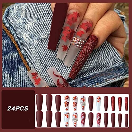 Hkanlre Red Coffin Long Fake Nails Bling Rhinestones 24PCS for Women & Girls