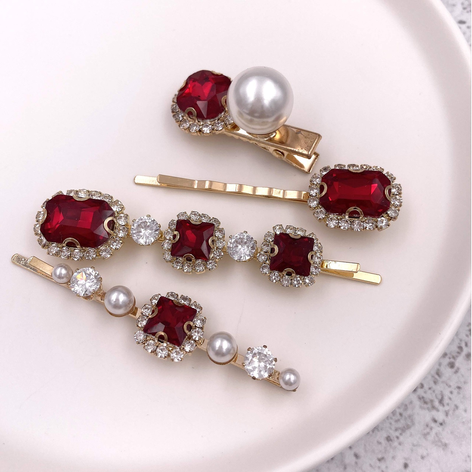 4PCS Vintage Ruby Red Crystal Pearl Gold Bobby 1 Count (Pack of 4), Rubby