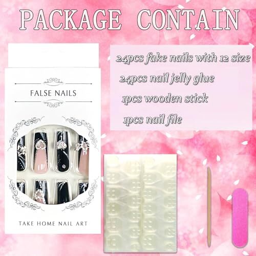 Press on Nails Coffin Long Black French and Silver Star Heart Glitter Gems