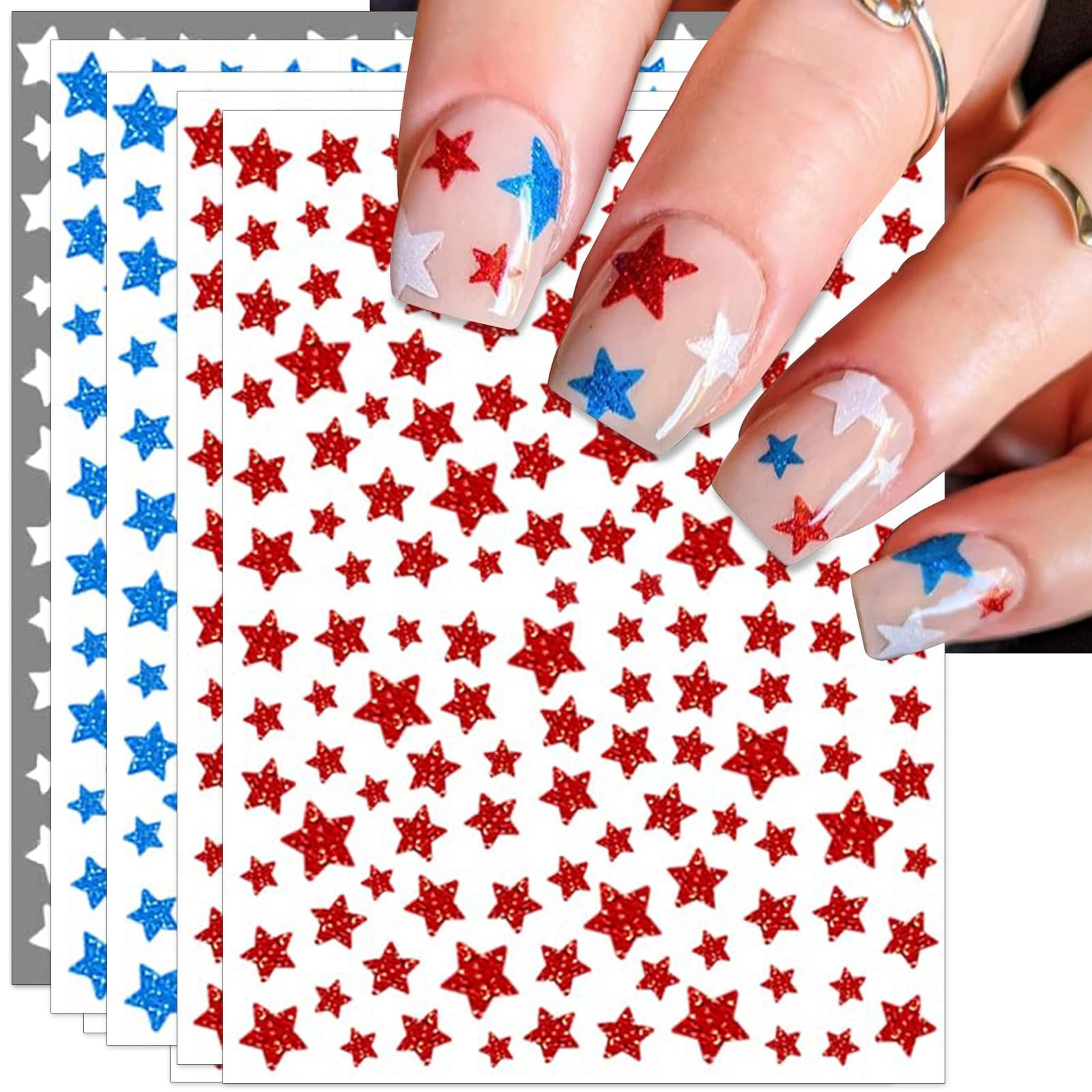 4th of July Nail Stickers, Glitter Red Blue White Star Independence Day Nail