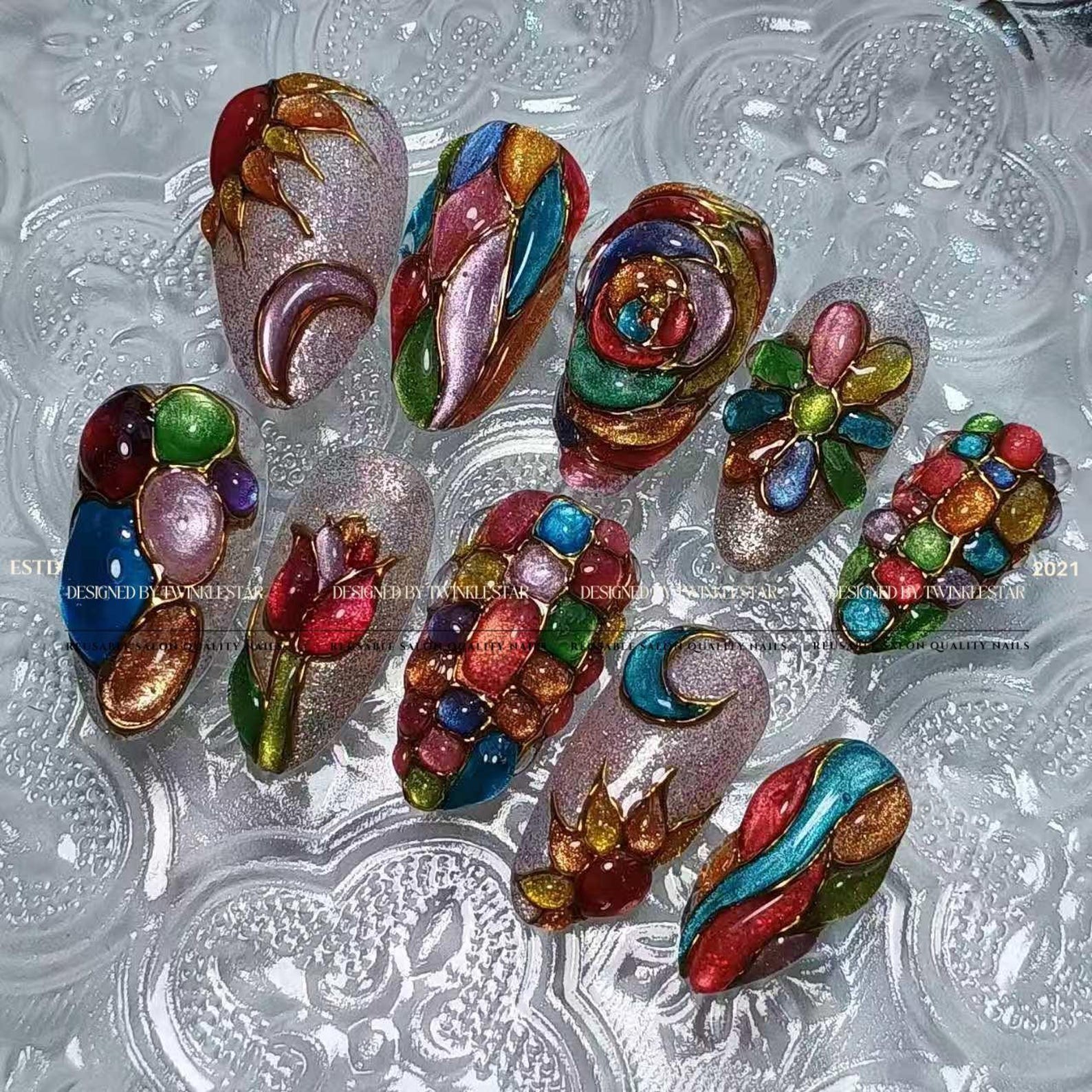 Handmade Stained Glass Colorful Gem Tulip Moon Gold Wire Almond Press on Nails