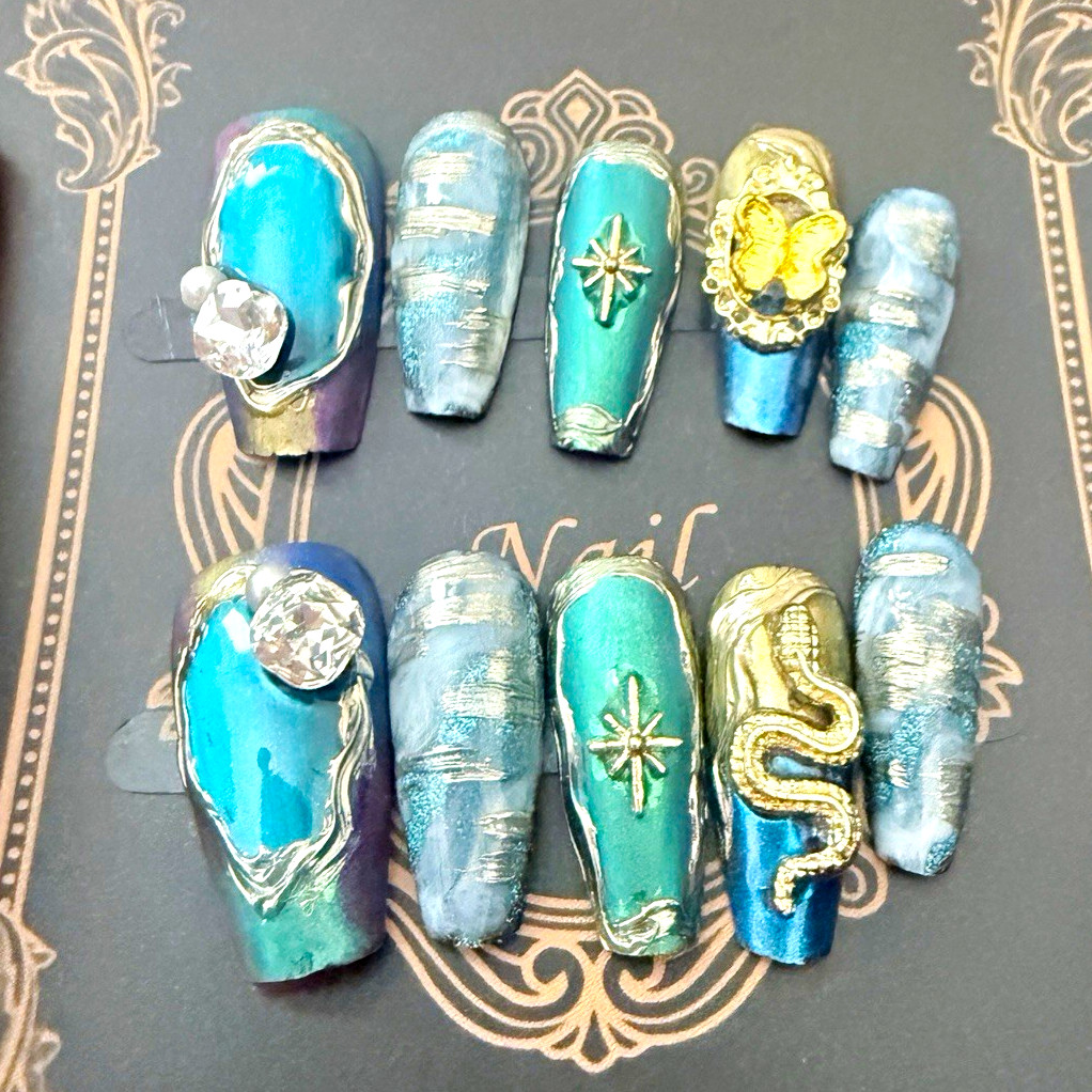 S size Long Coffin Artificial Nails Blue Gold 3D Butterfly Full Cover Nail Art