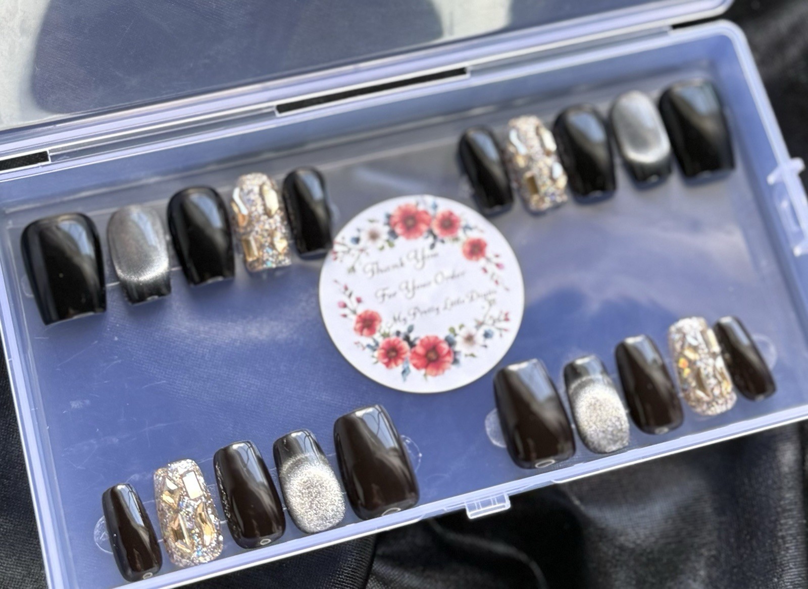 Handmade Press On Nails, Champagne Diamond, Black French~Includes Free Gifts💝