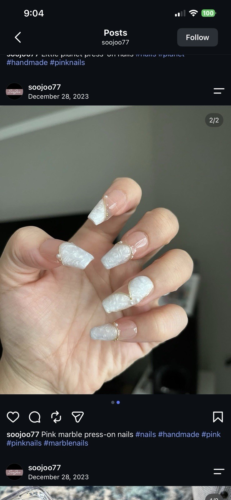 Press-On Nails Medium Square Pink & White Shiny Marble Full Cover Pre-Designed