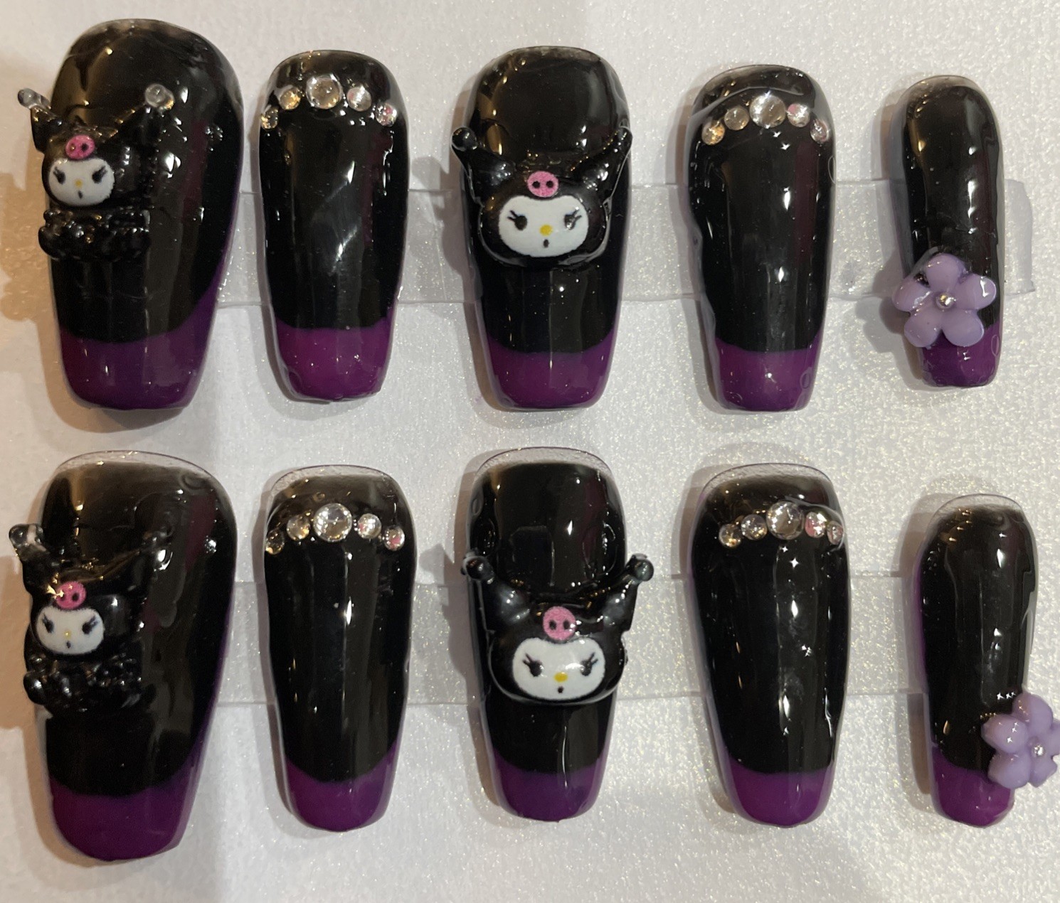 Handmade Press On Nails. Size Medium Coffin Shape+App Kit Kuromi Black/ Purple