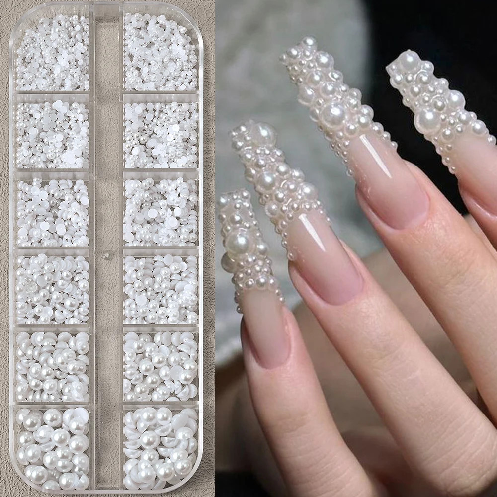 12grids Half Round Pearls Beads 3D Nail Charms 1.5/2/2.5/3/4/5mm White Flatback