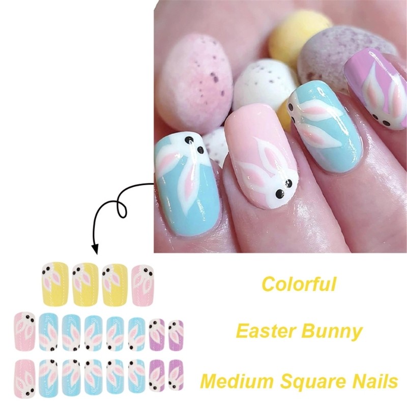 24 Pieces Short Square Press on Nail with Rabbit Pattern False Nail for Women