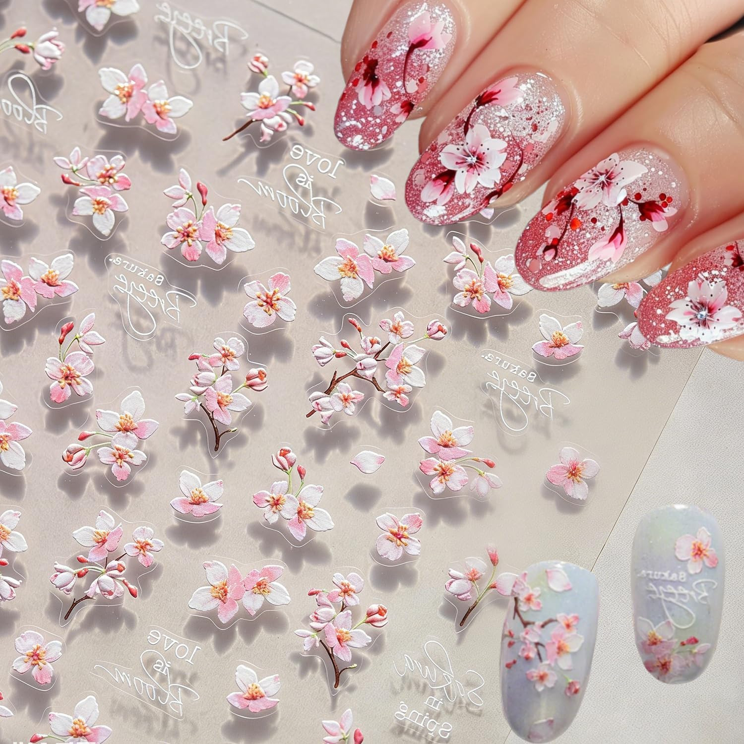 1Pcs Spring Nail Stickers Pink Cherry Blossoms Nail Decals 3D Self Adhesive Flow