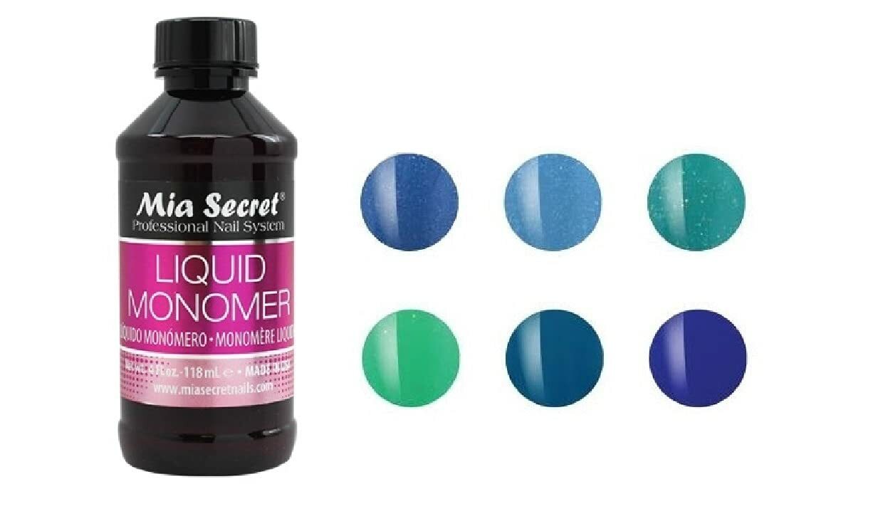 New Mia Secret Monomer 4 Ounce + BLUE LOVERS Nail Art Powder 6 Colors Set