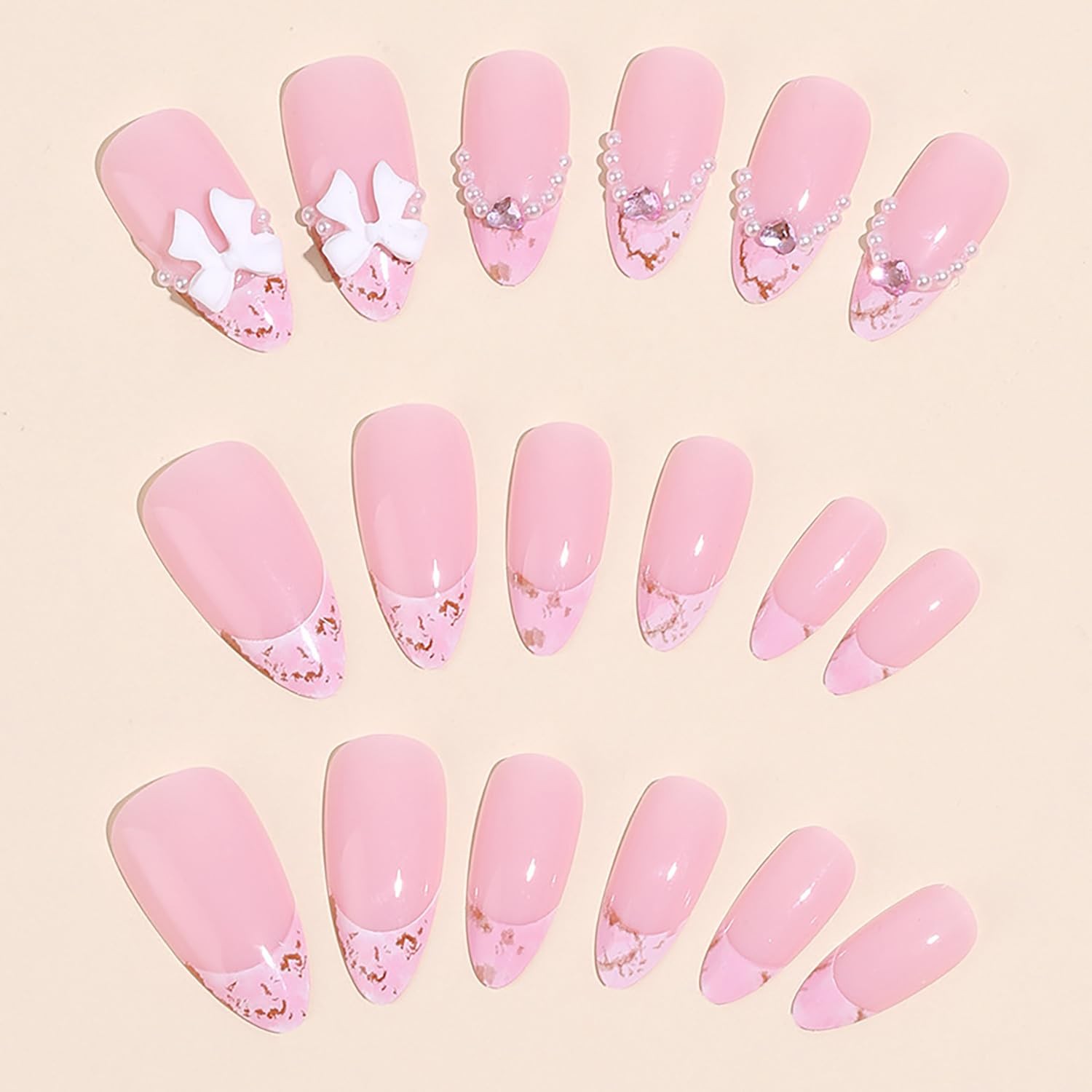 Press on Nails Almond Pink 24Pcs Glossy Full Cover Acrylic French Tips Medium…