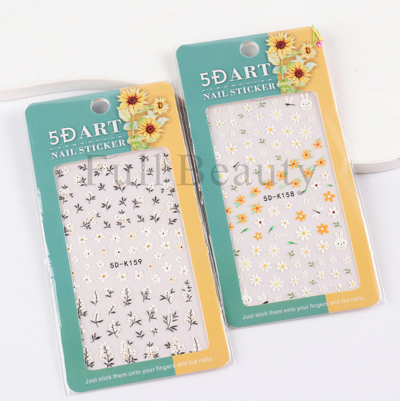 5D Embossed White Love Flower Bunny Daisy Fingers Toe Nail Art Stickers NS25