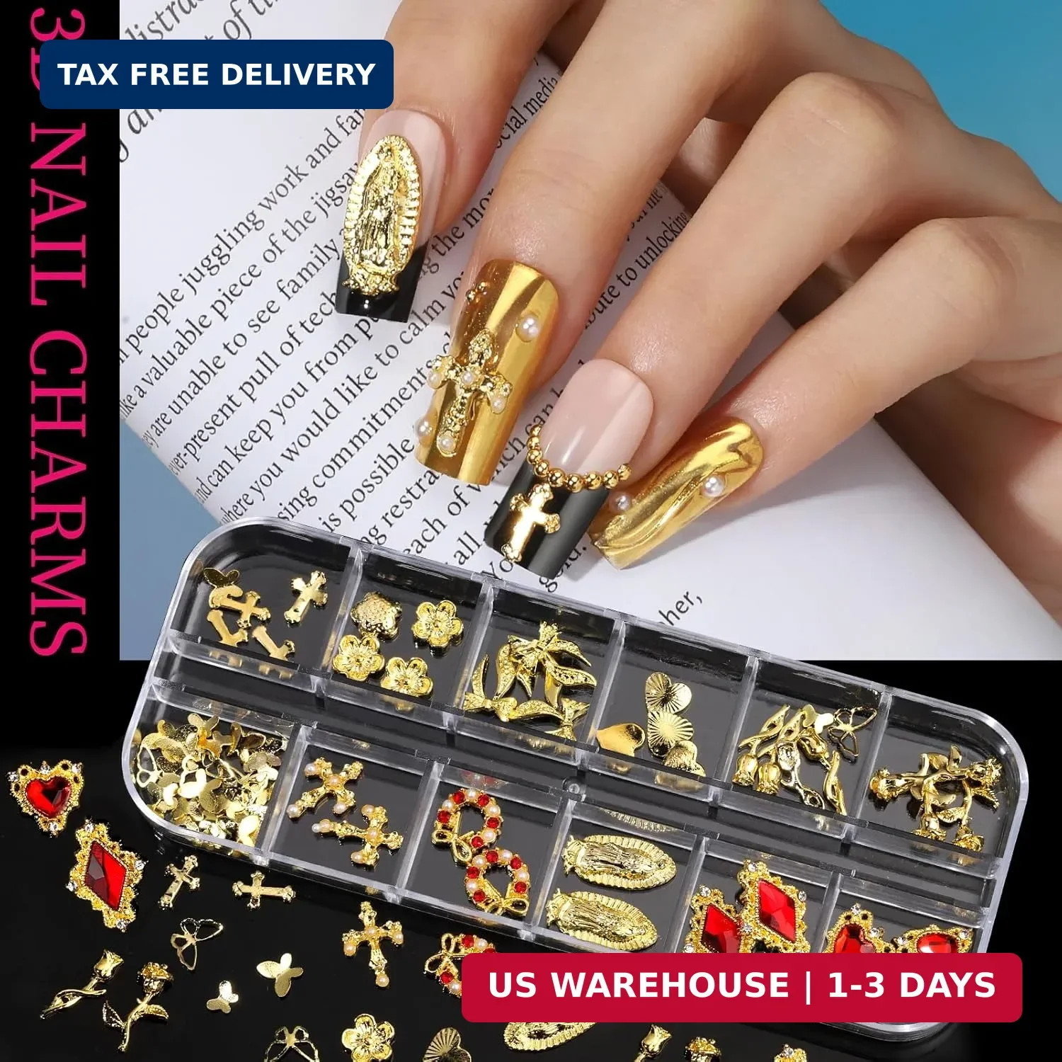 Teenitor Gold Nail Charms with Flatback Nail Pearls, 3D Nail Charms and Gems for