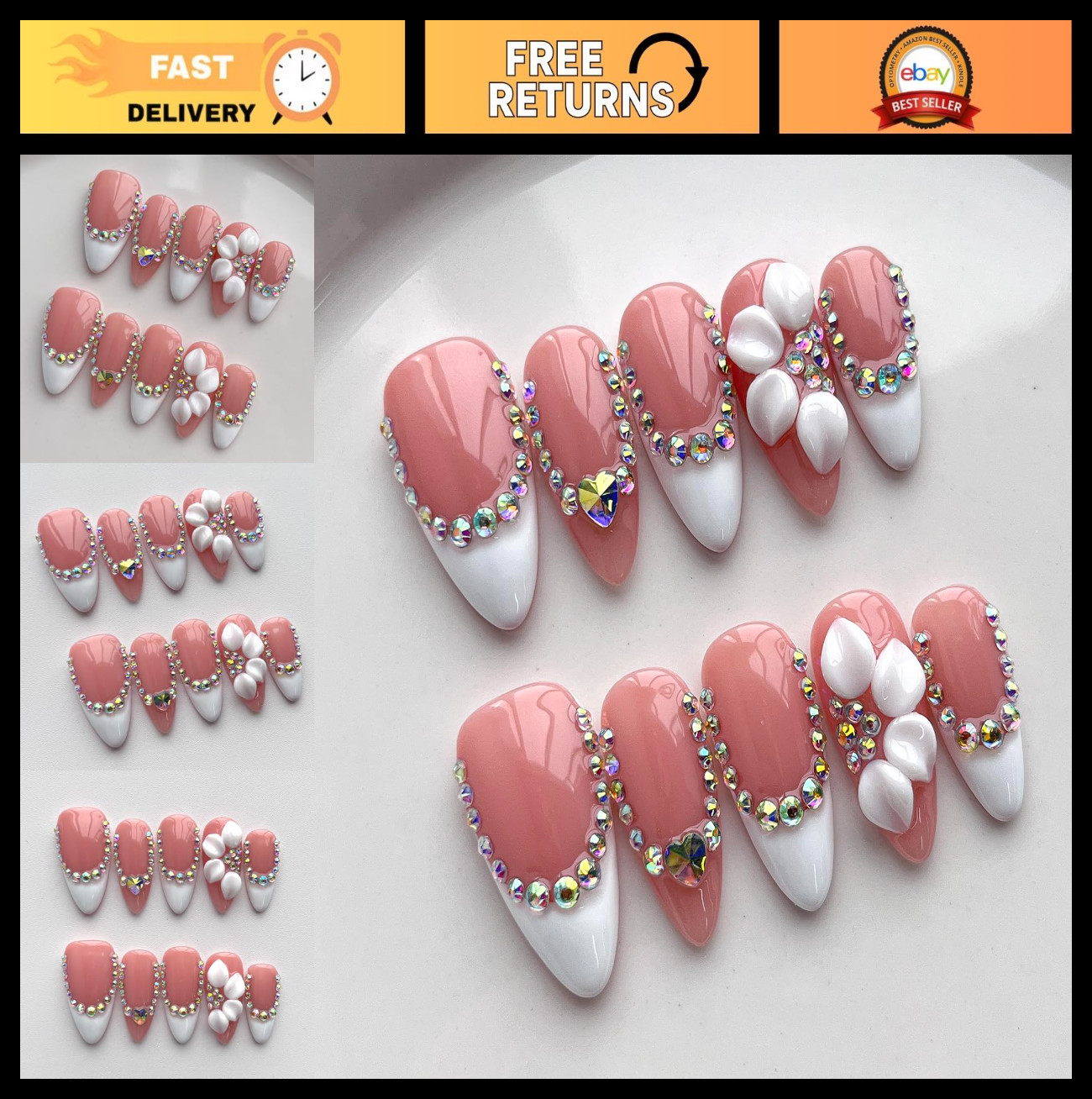 Handmade Medium Almond French Tip Press-On Nails, 3D Floral Design, Thick Acryli