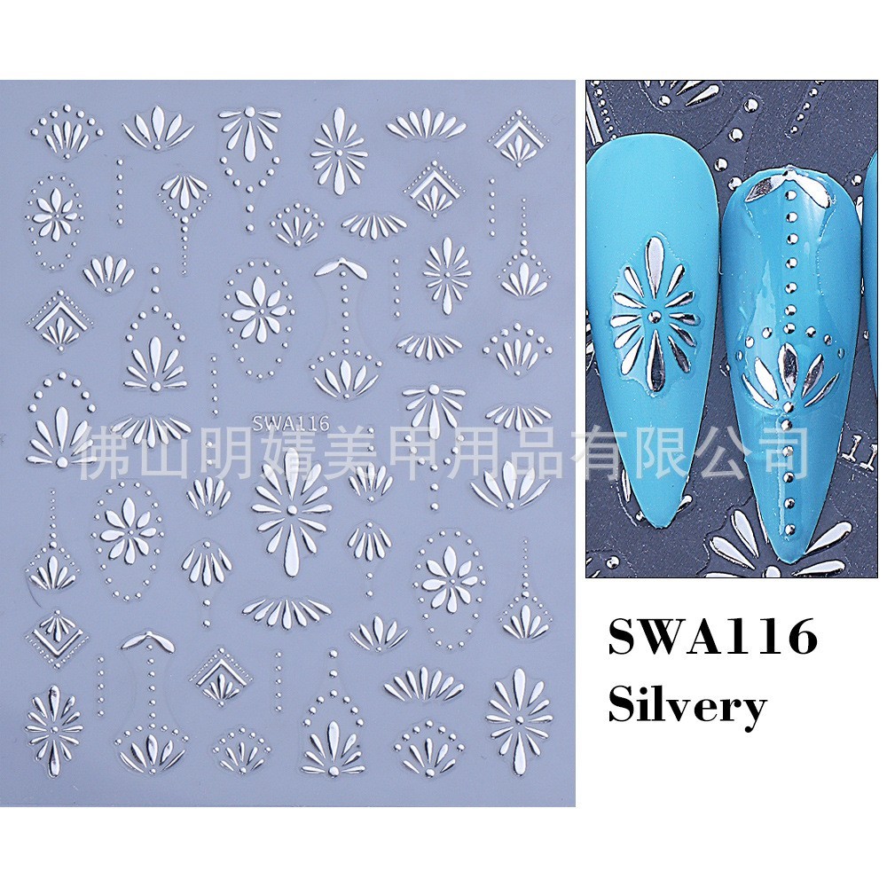 3 Sheets Bohemian Style Nail Stickers Gold Silver Blue Flower Petals Line NH28