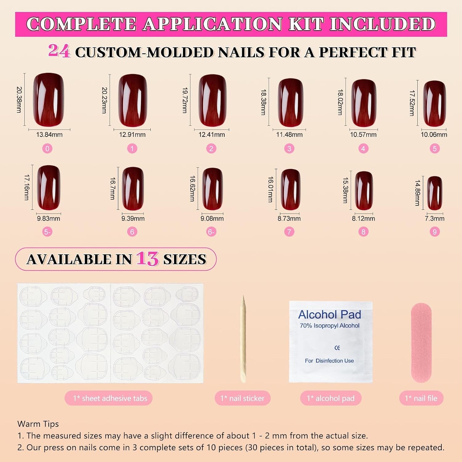 24-Piece Burgundy Square Press On Nails – Glossy Finish for Effortless Style