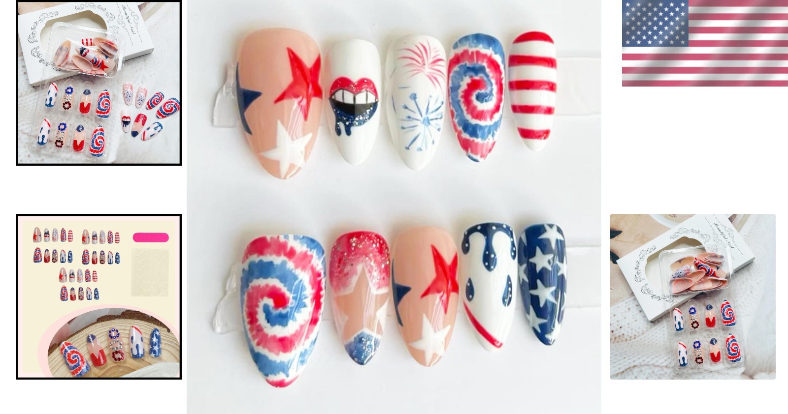 Unique 4th of July Acrylic Nails Full Cover with Star and Fireworks Design