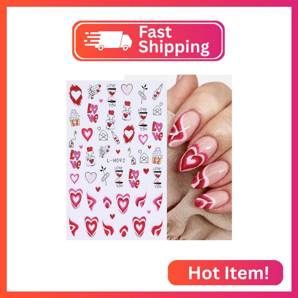 6 Sheets Red Heart Nail Stickers for Nail Art Valentines Nail Art Stickers 3D Se