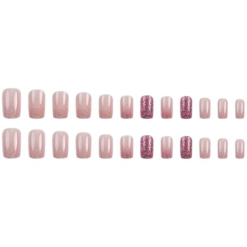 24Pcs Short Square Press on Nails – Nude Pink Gradient Glitter Fake Style24