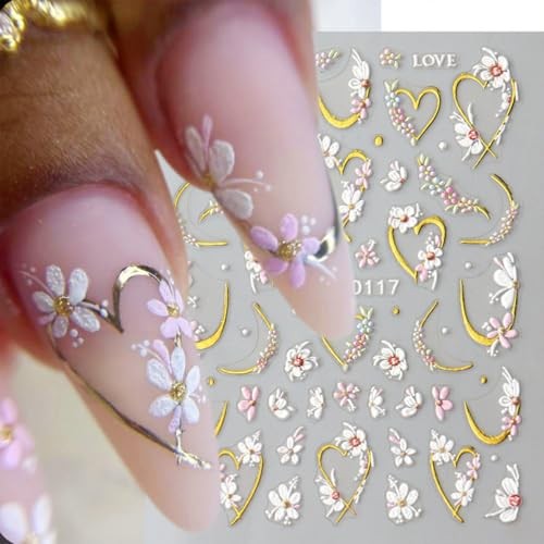 Floral Nail Stickers Gold Heart Nail Decals Spring Nail Art Flower & Heart