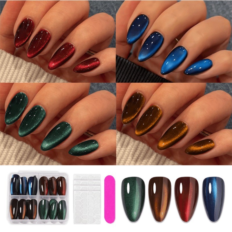 96 vibrant cat eye gloss press in nails – Medium almond length fake nail art