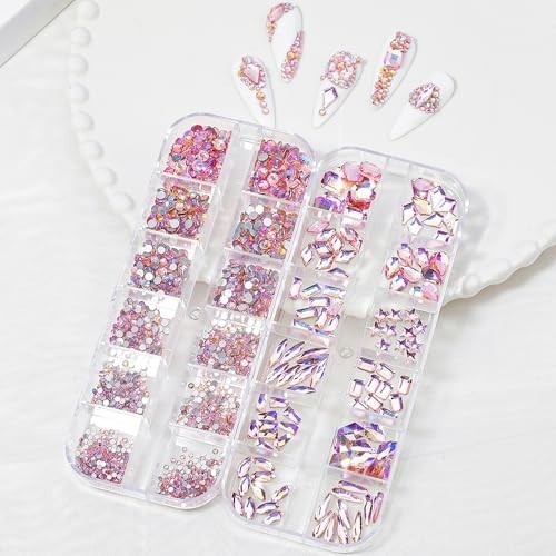 3D Nail Rhinestones 1600pcs – Multi Shape Pink AB Gems, Flat Back for Nail Art &