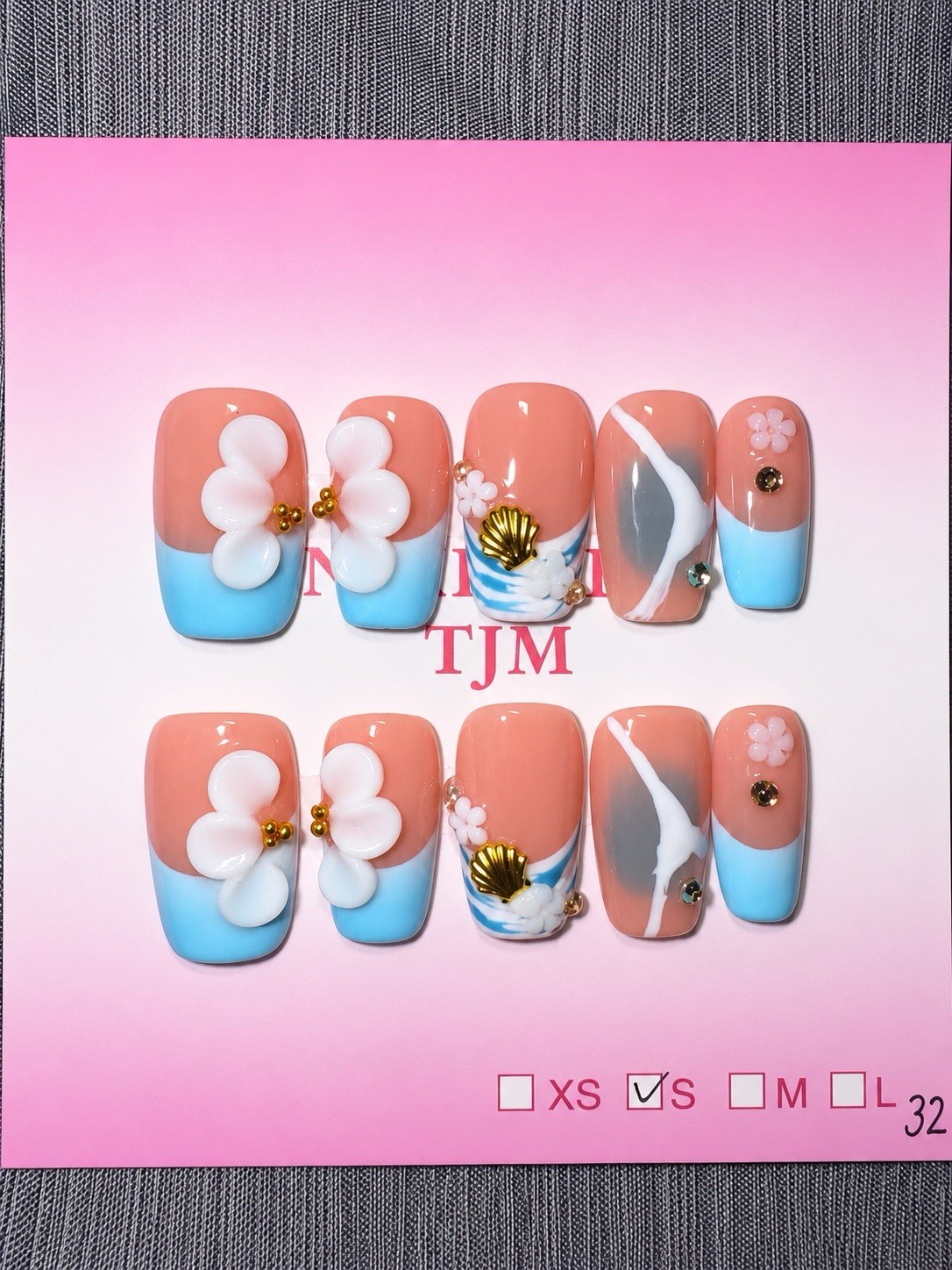 TJM 3D Flower Square Full Cover Acrylic Press-On Nails Peach/Blue. Size: Small