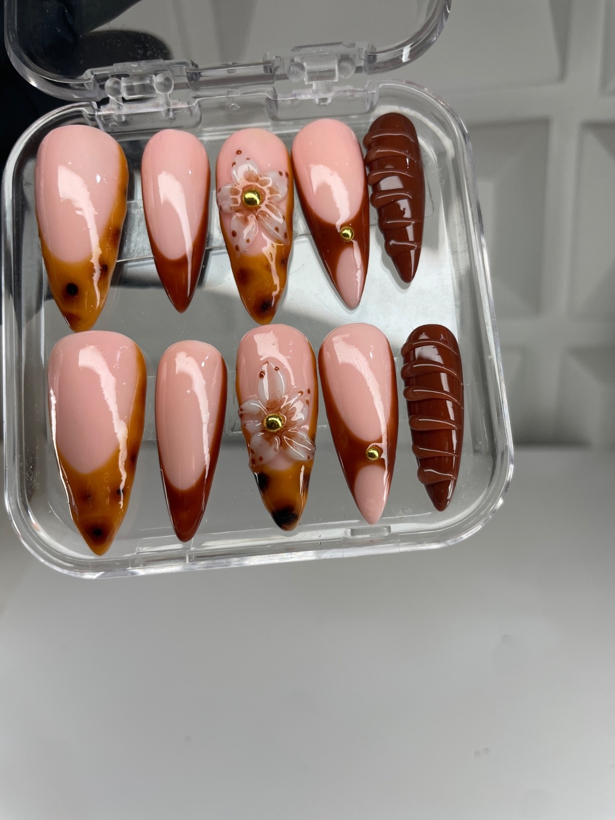Brown Tortoise Shell Press On Nails | 3D Flower Nail Set | Nude & Brown Handmade