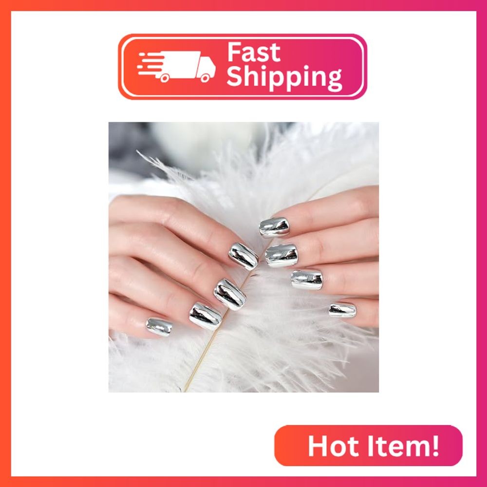 LINSSQ Press on Nails,Silver False Nails,Beauty Metallic Mirror Nails Manicure K