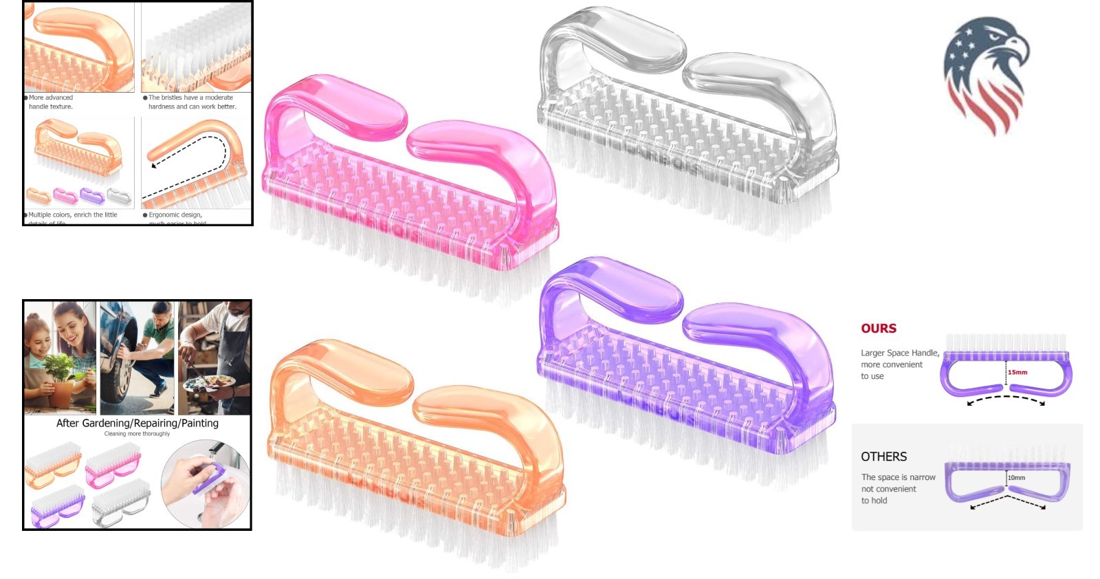 Nail Brush Handle 4 Pack Fingernail Toenail Scrubbing Kit Plastic Manual