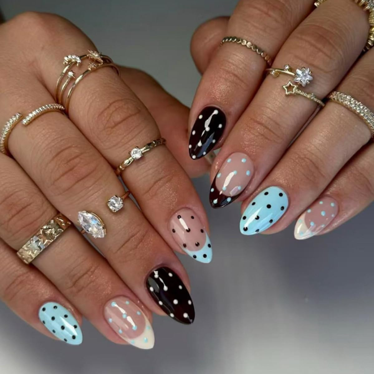 Polka Dot Press on Nails Short Almond Fake Nails Summer Blue Nails Press Ons wit