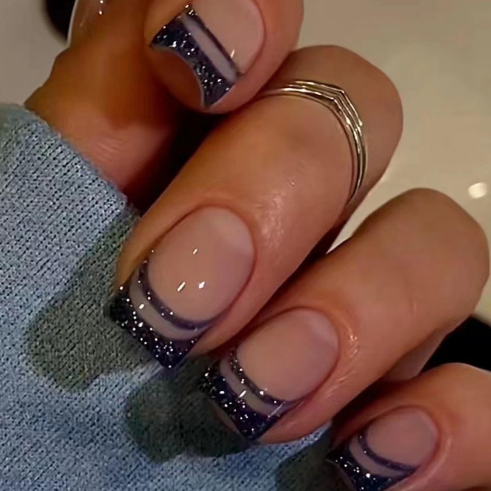 French Tip Press on Nails Short Square Fake with Design short, style04