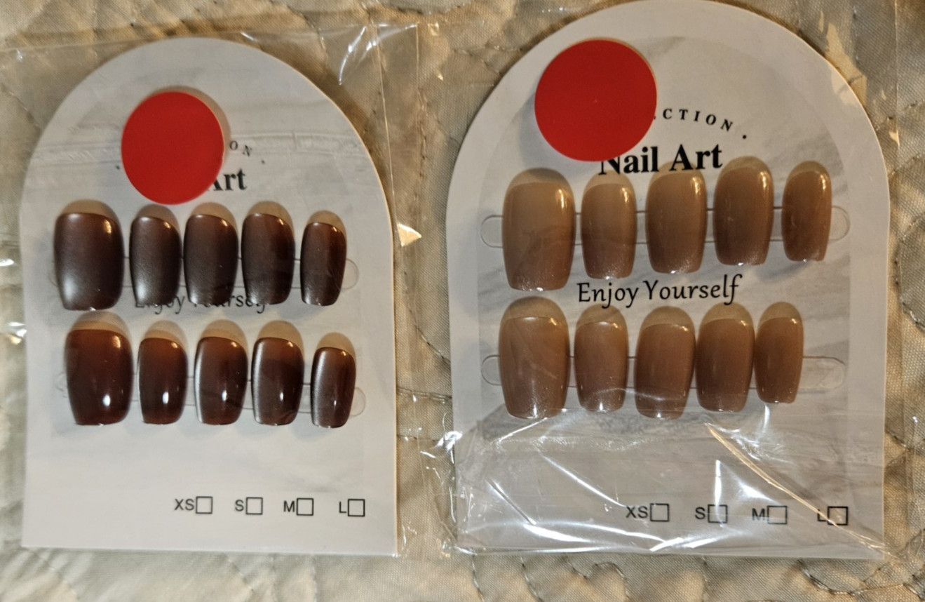 2 Sets of 10 Press-On Nails Size Medium – Short Square Cat Eye Dark & Med. Brown