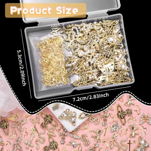 320 Pcs 3D Gold Nail Charms, Cross Snake Star Heart Dangle Nail Gems color-S1