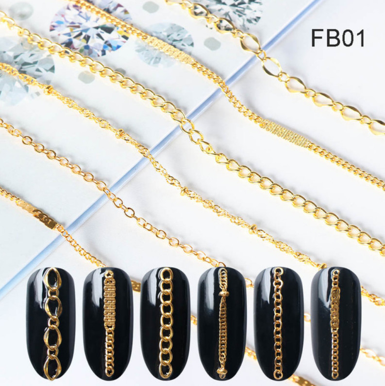 Metal Chain Fashion Gel Manicure DIY Nail Art Decorations Crystal Stud Gold NS16