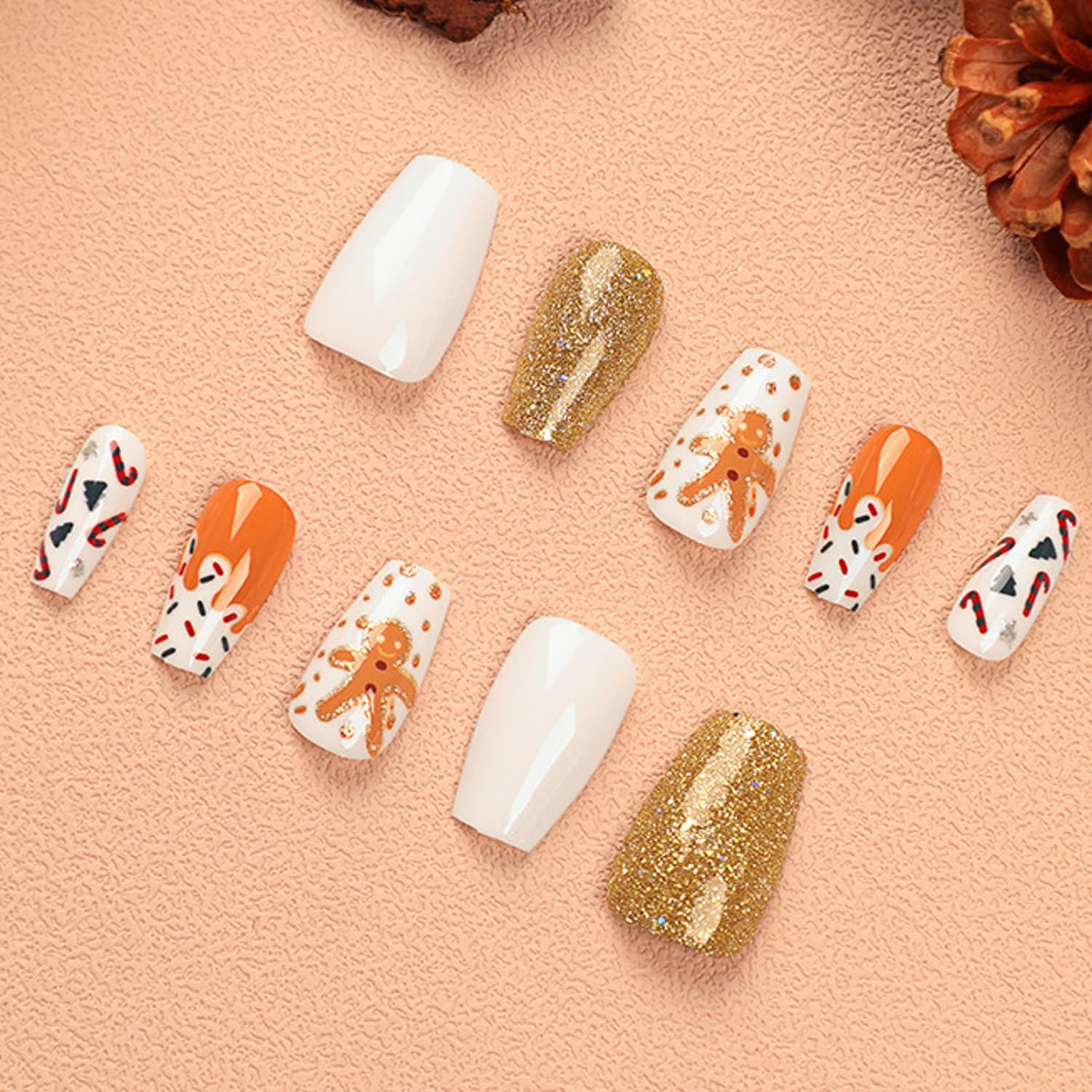 Christmas Press on Nails Coffin Medium, 24Pcs Gold Glitter Artificial Fake Nails