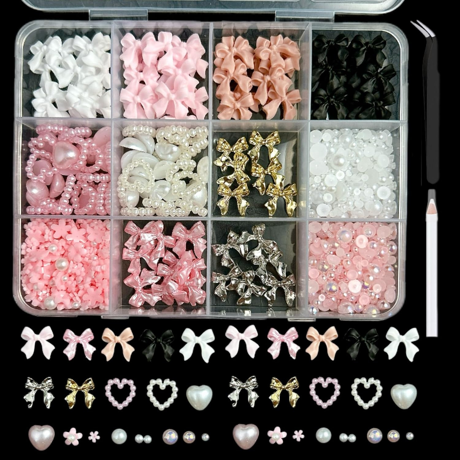 Gummy Candy Bear Valentines Nail Charms, Cute Pink Flower Bow 3D Nail Charms for