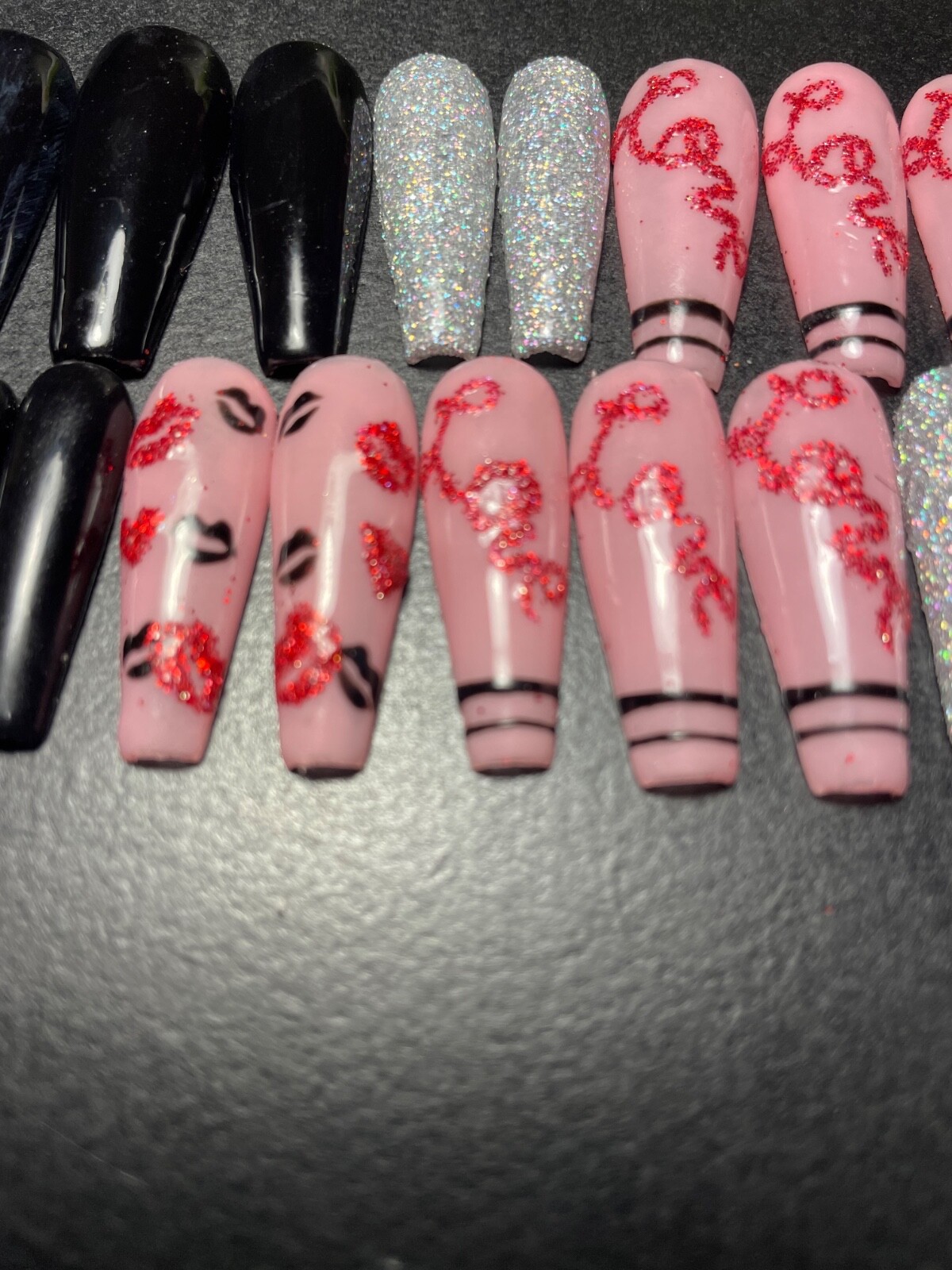 custom press on nails coffin 26 long lips love pink black sparkle silver heart