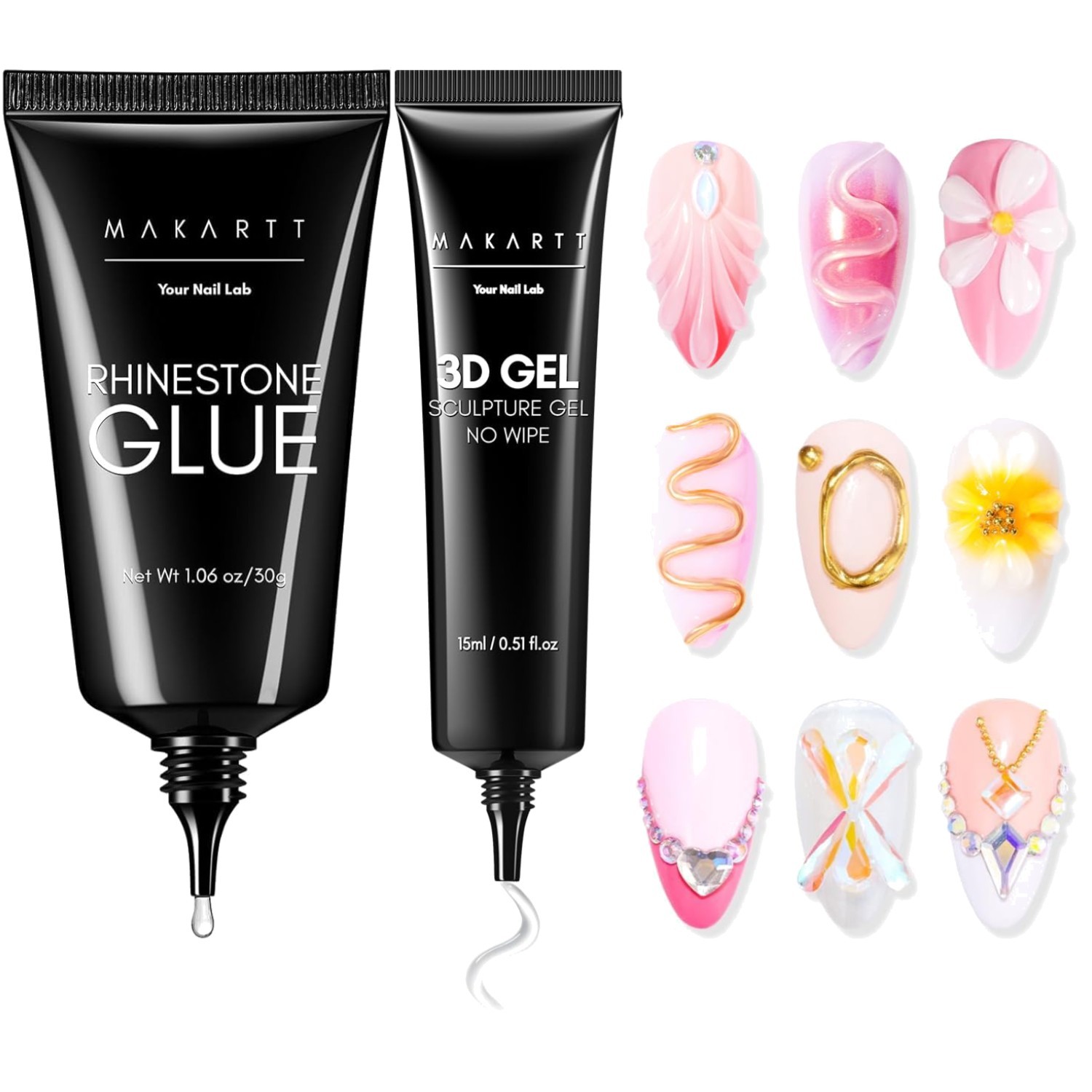Nail Rhinestone Glue with 3D Gel Kit – Super Strong Nail Charm Glue & Sculpti…