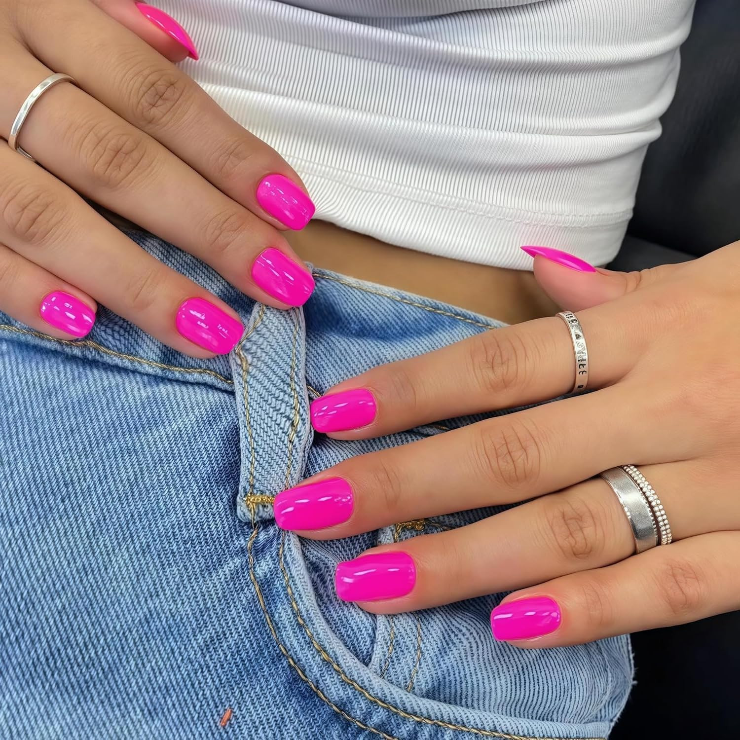 Hot Pink Press on Nails Short Square, Gel Fake Nails Glossy Square Hot Pink