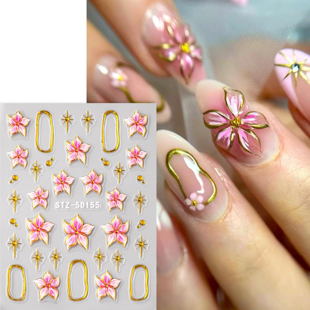 Flower Nail Art Stickers Decals,3 Sheets 5D Embossed Self Adhesive Stickers | Pi