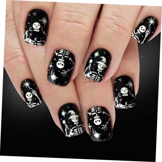 Halloween Press on Nails – Short Square Dark Black Fake Nails with White Skull