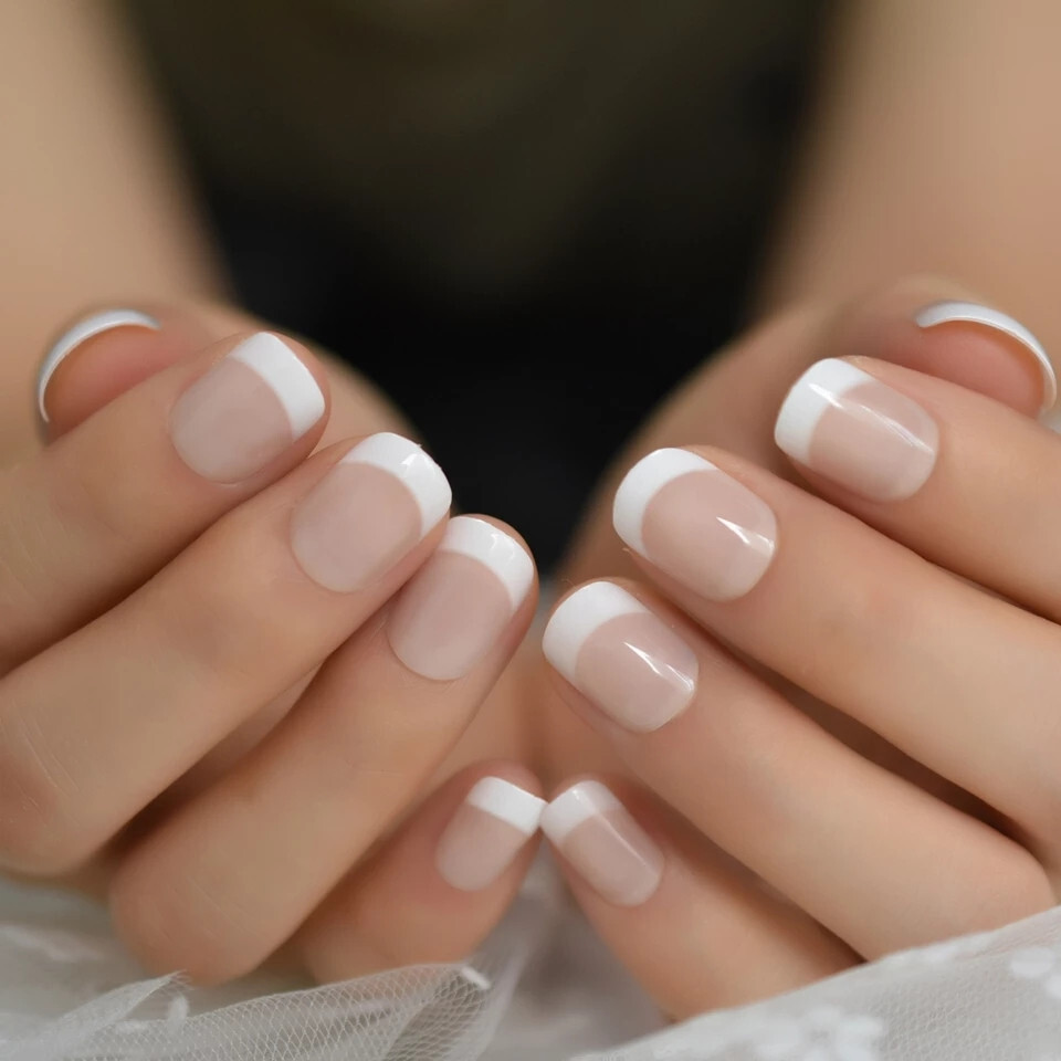 24 Short Press on nail kit w/ glue French Mani Clean line Classic nude white