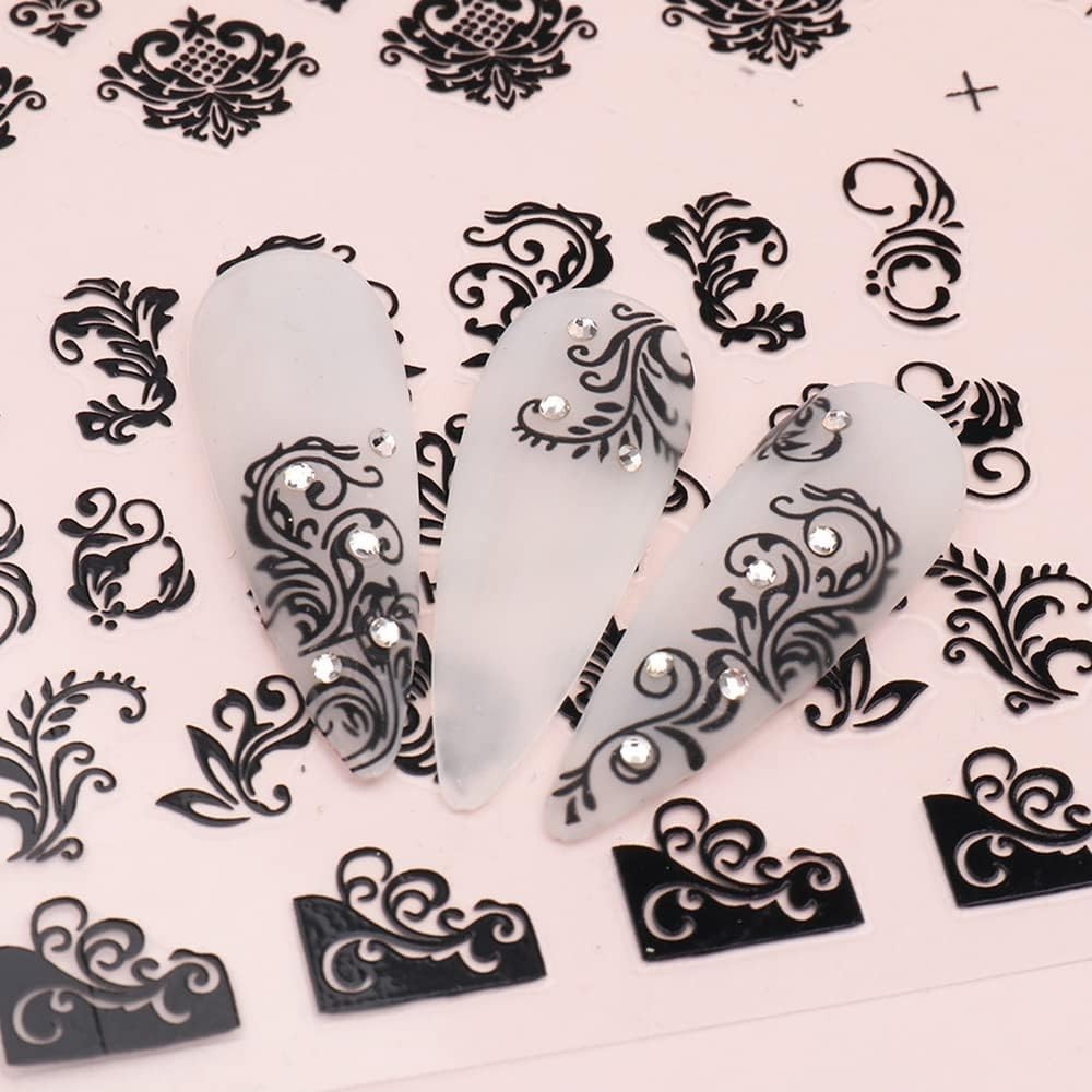 Black Flowers Nail Stickers, Floral Nail Art Decal 3D Self-Adhesive Lace Retr…